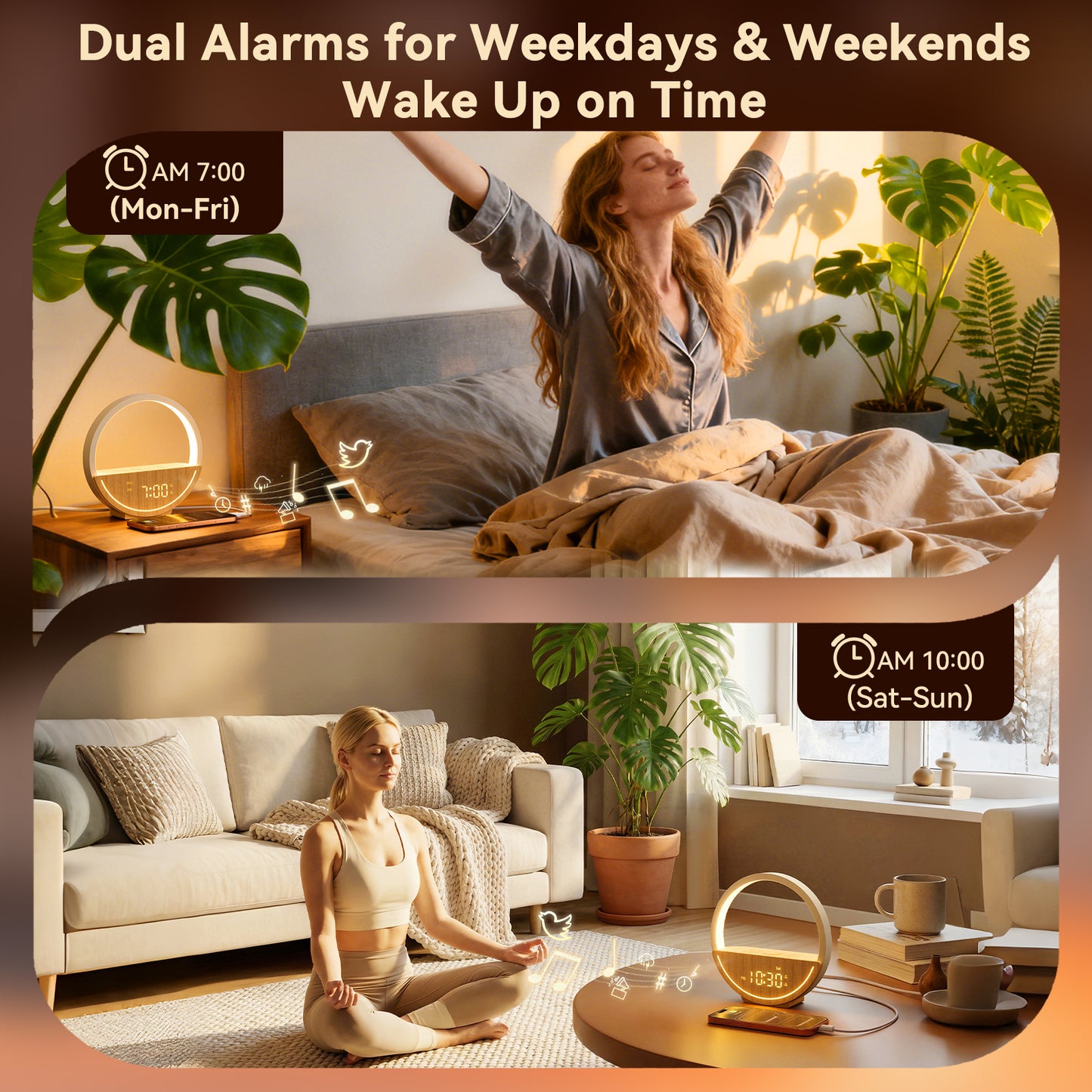 Vivilumens Sunrise Alarm Clock with Sound Machine & Night Light - Light Wood