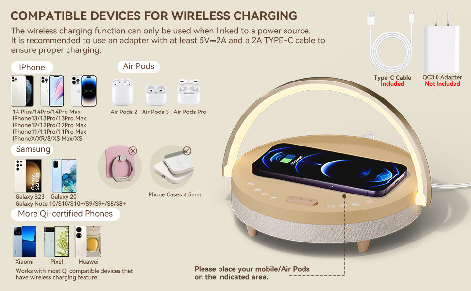 Vivilumens 6-in-1 Bedside Lamp – Wireless Charger, Speaker & Night Light (Pink)