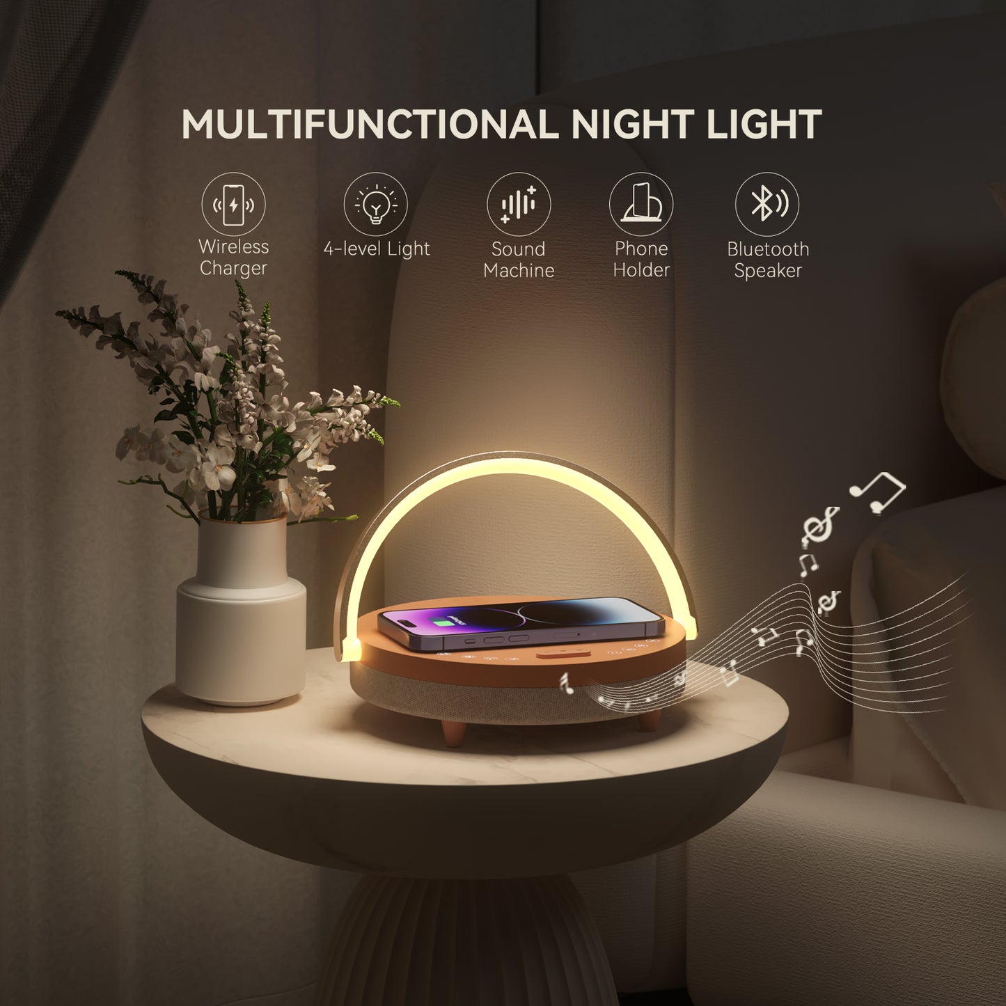 Vivilumens 6-in-1 Bedside Lamp – Wireless Charger, Speaker & Night Light (Pink)