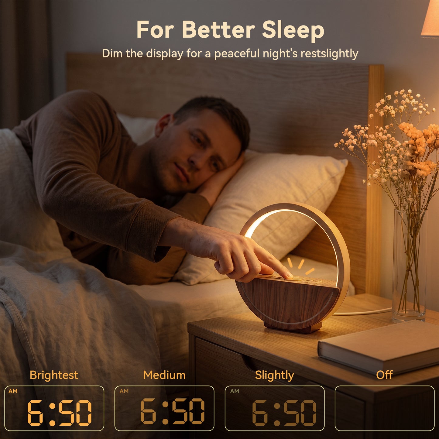 Vivilumens Sunrise Alarm Clock with Sound Machine & Night Light - Dark Wood