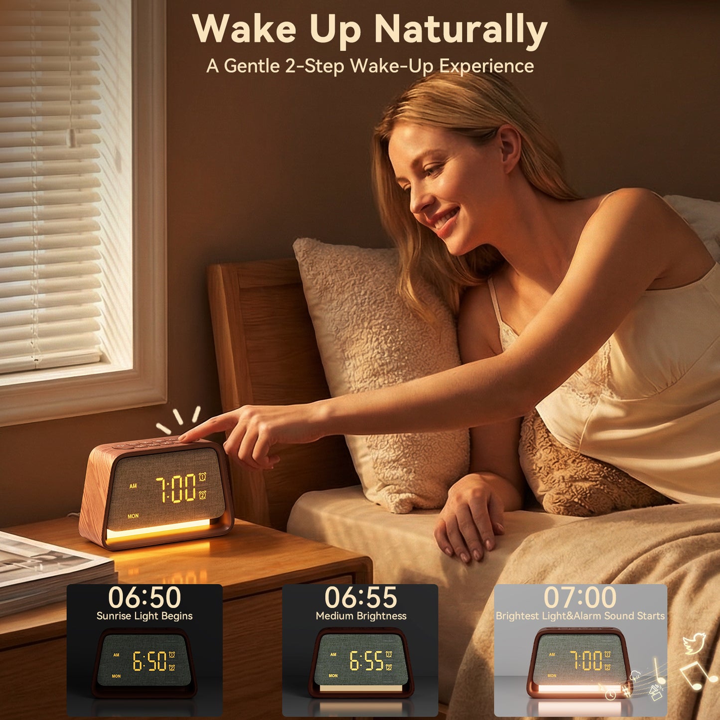 Vivilumens Alarm Clock with White Noise Machine Night Light for Bedroom - Dark Wood