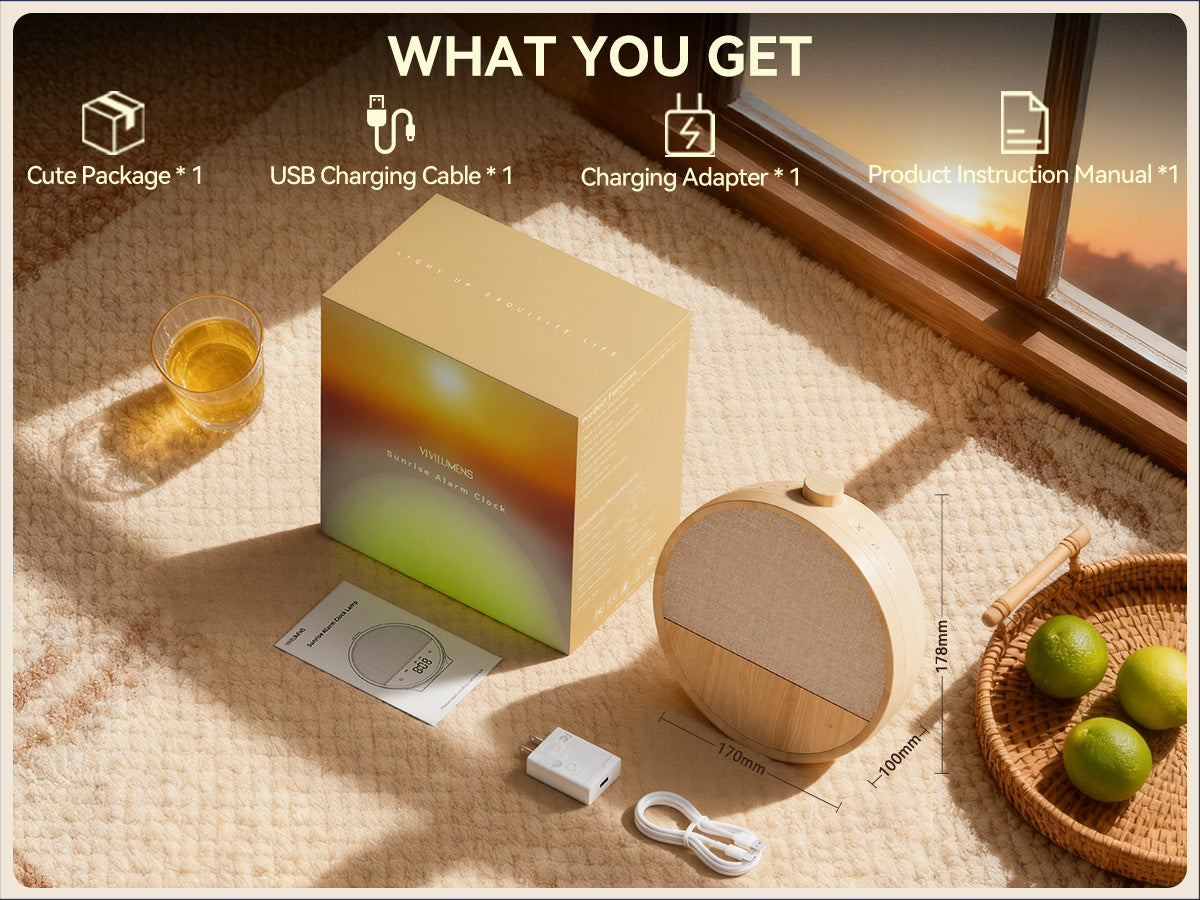 Wood Grain Sunrise Alarm Clock – Gentle Wake-Up Light, Sound Machine & Dual Alarms, RGB Night Lamp