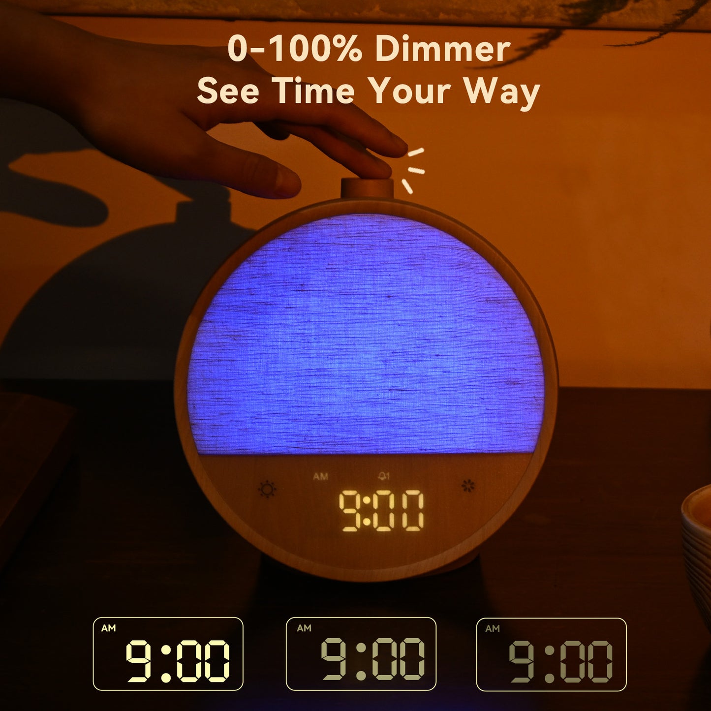 Wood Grain Sunrise Alarm Clock – Gentle Wake-Up Light, Sound Machine & Dual Alarms, RGB Night Lamp