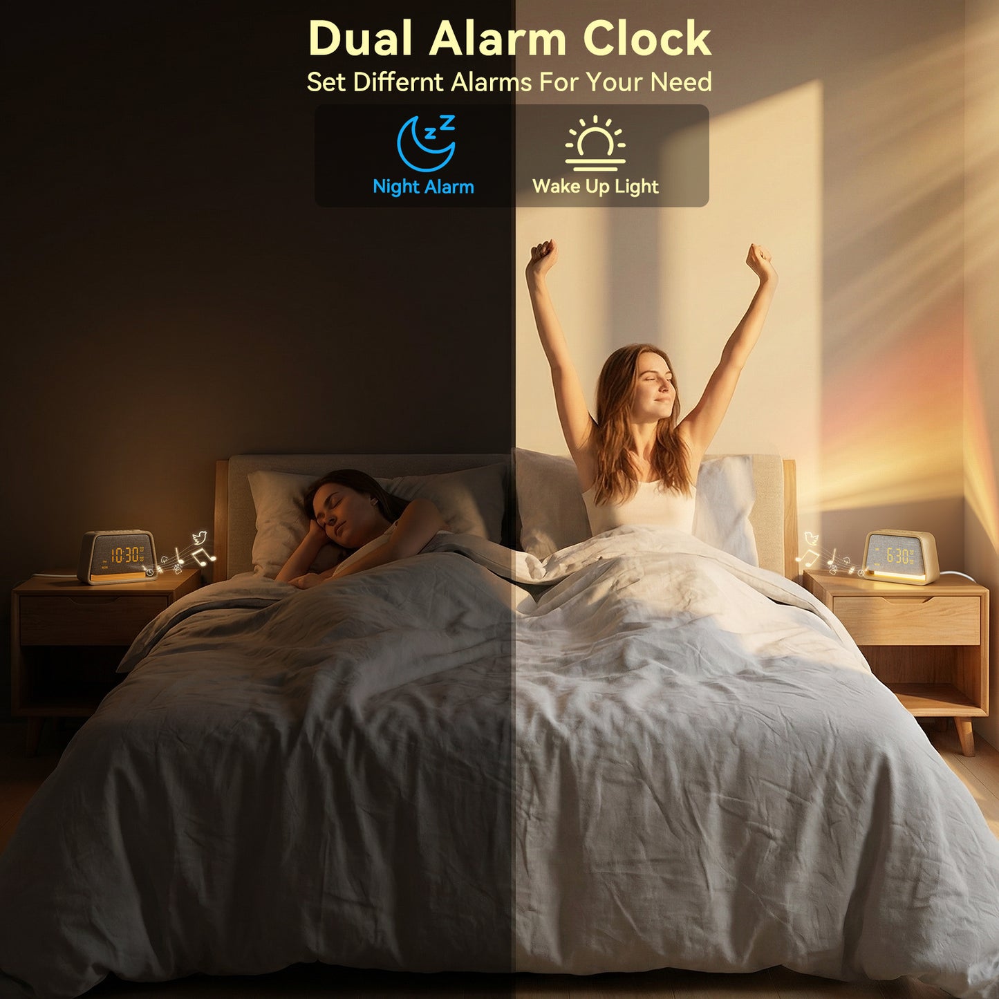 Vivilumens Wooden Sunrise Alarm Clock with White Noise, Dual Alarm, Dimmable Digital Clock for Bedroom