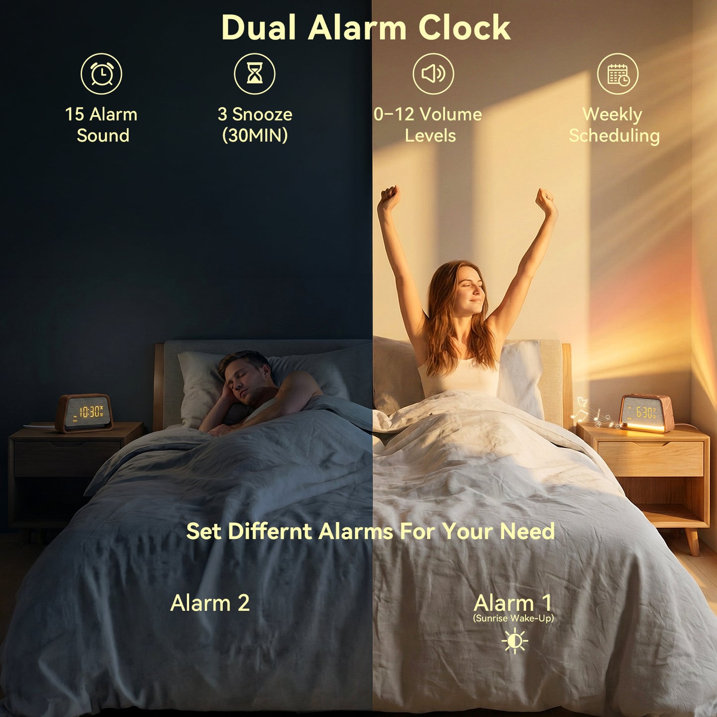 Vivilumens Alarm Clock with White Noise Machine Night Light for Bedroom - Dark Wood