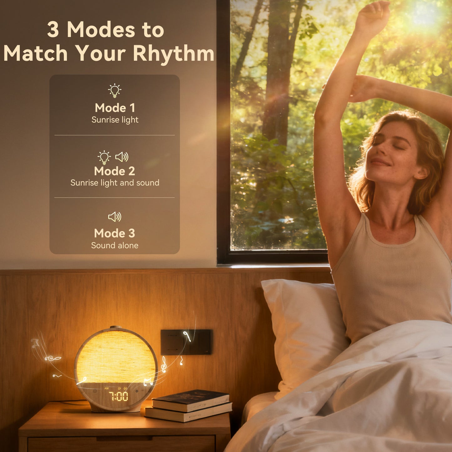 Wood Grain Sunrise Alarm Clock – Gentle Wake-Up Light, Sound Machine & Dual Alarms, RGB Night Lamp