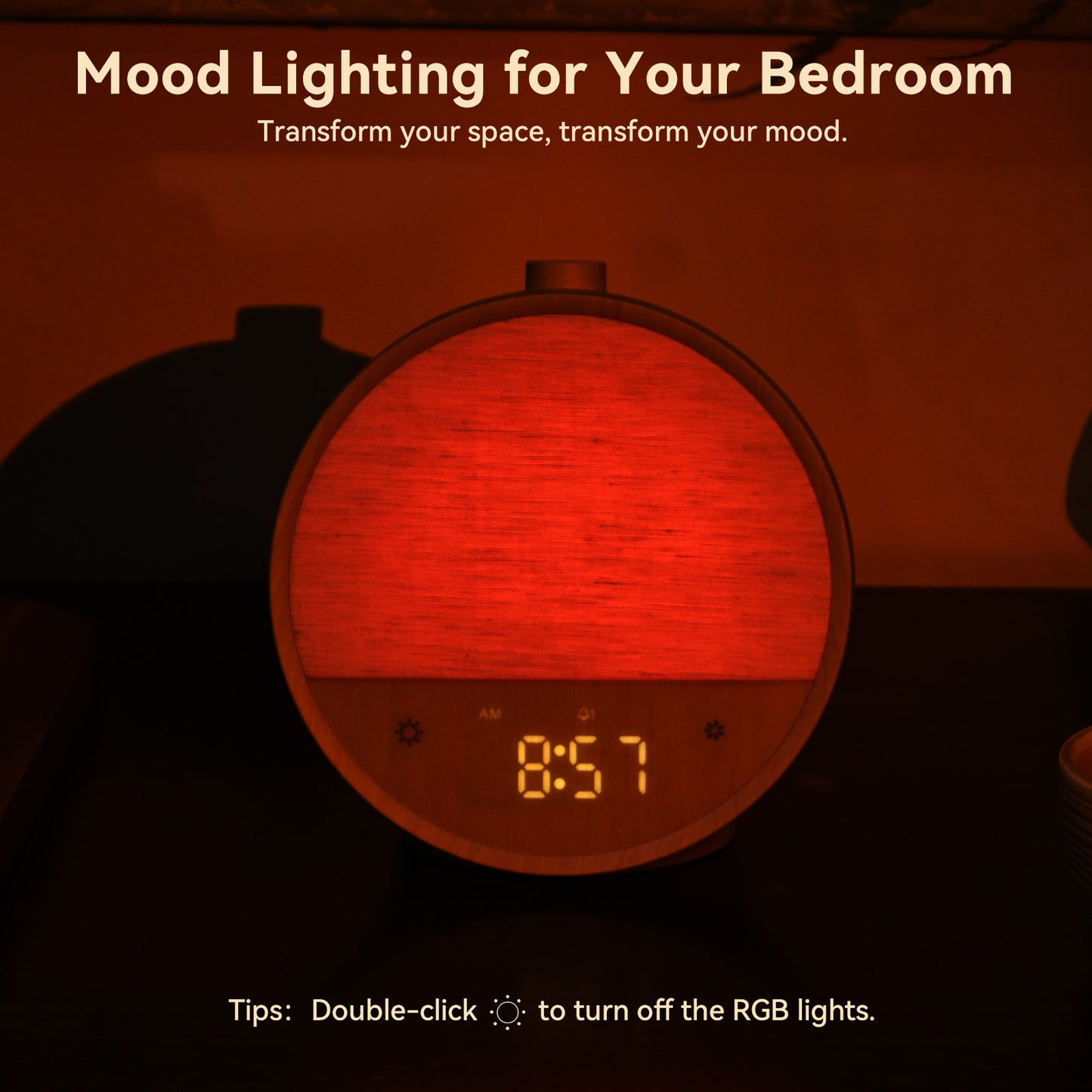 Wood Grain Sunrise Alarm Clock – Gentle Wake-Up Light, Sound Machine & Dual Alarms, RGB Night Lamp