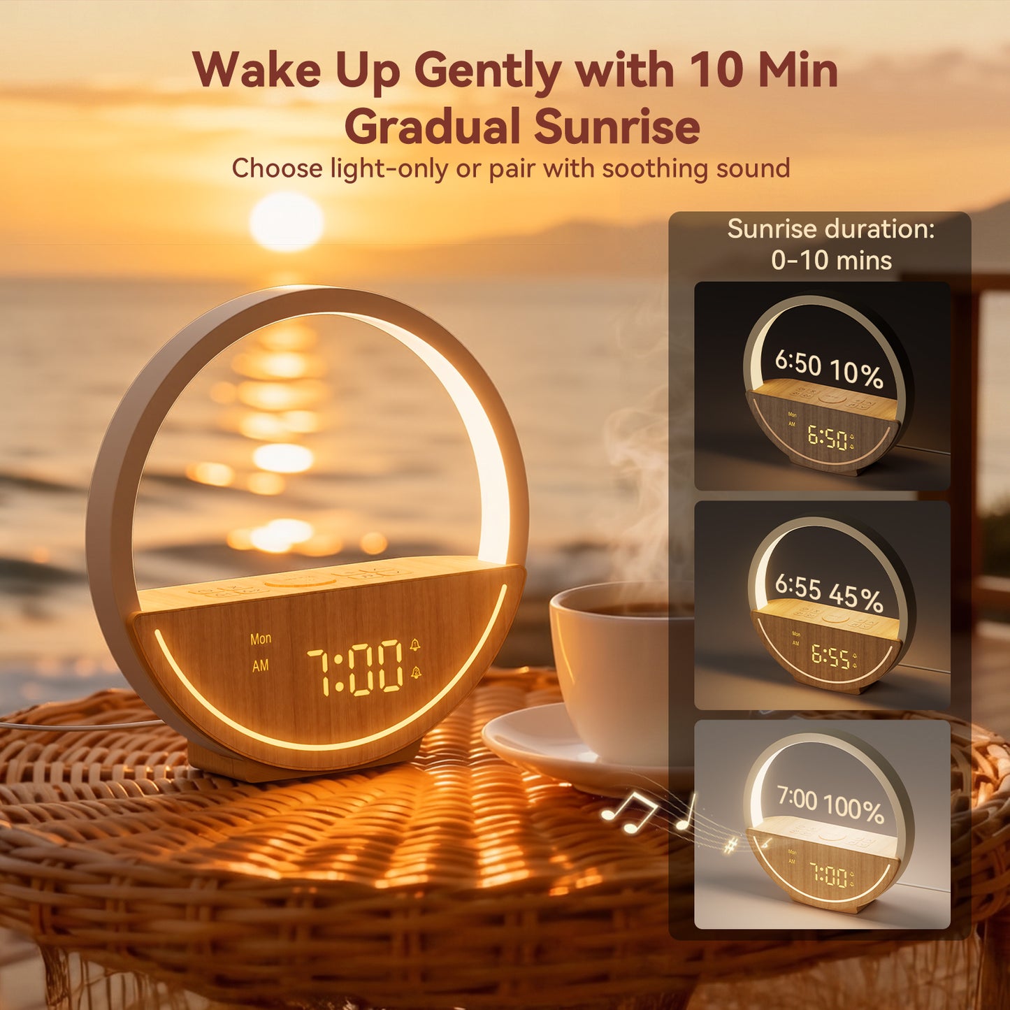 Vivilumens Sunrise Alarm Clock with Sound Machine & Night Light - Light Wood