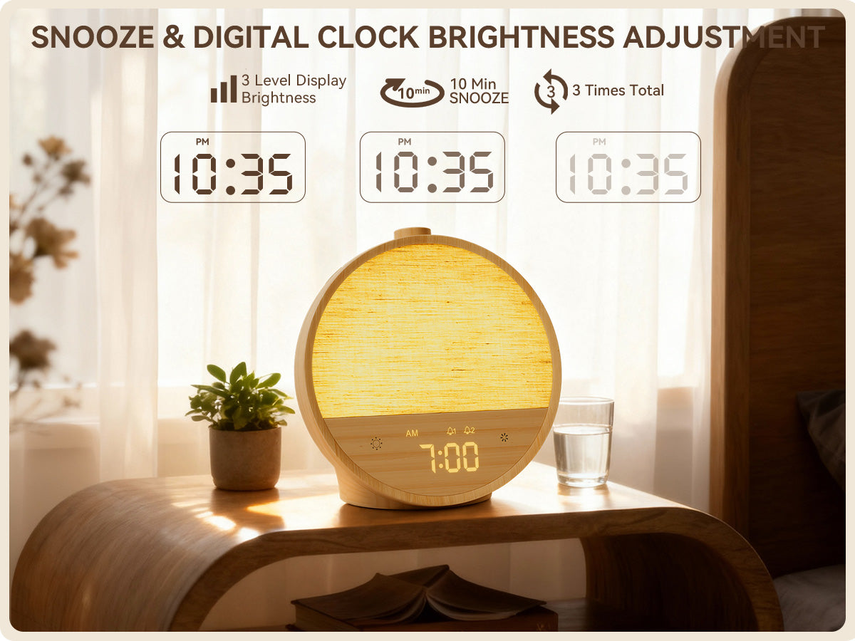Wood Grain Sunrise Alarm Clock – Gentle Wake-Up Light, Sound Machine & Dual Alarms, RGB Night Lamp