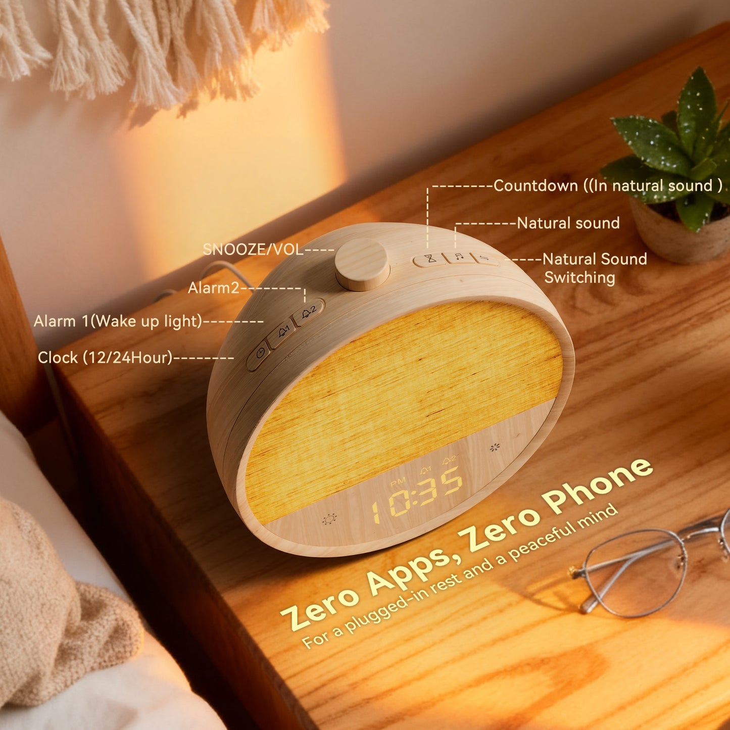 Wood Grain Sunrise Alarm Clock – Gentle Wake-Up Light, Sound Machine & Dual Alarms, RGB Night Lamp