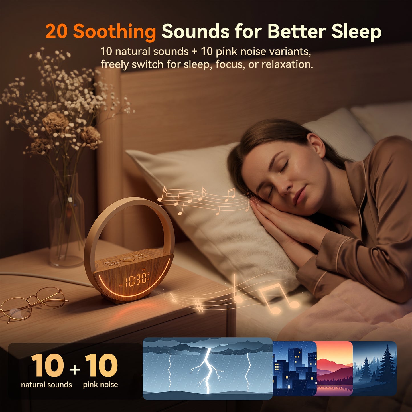 Vivilumens Sunrise Alarm Clock with Sound Machine & Night Light - Dark Wood