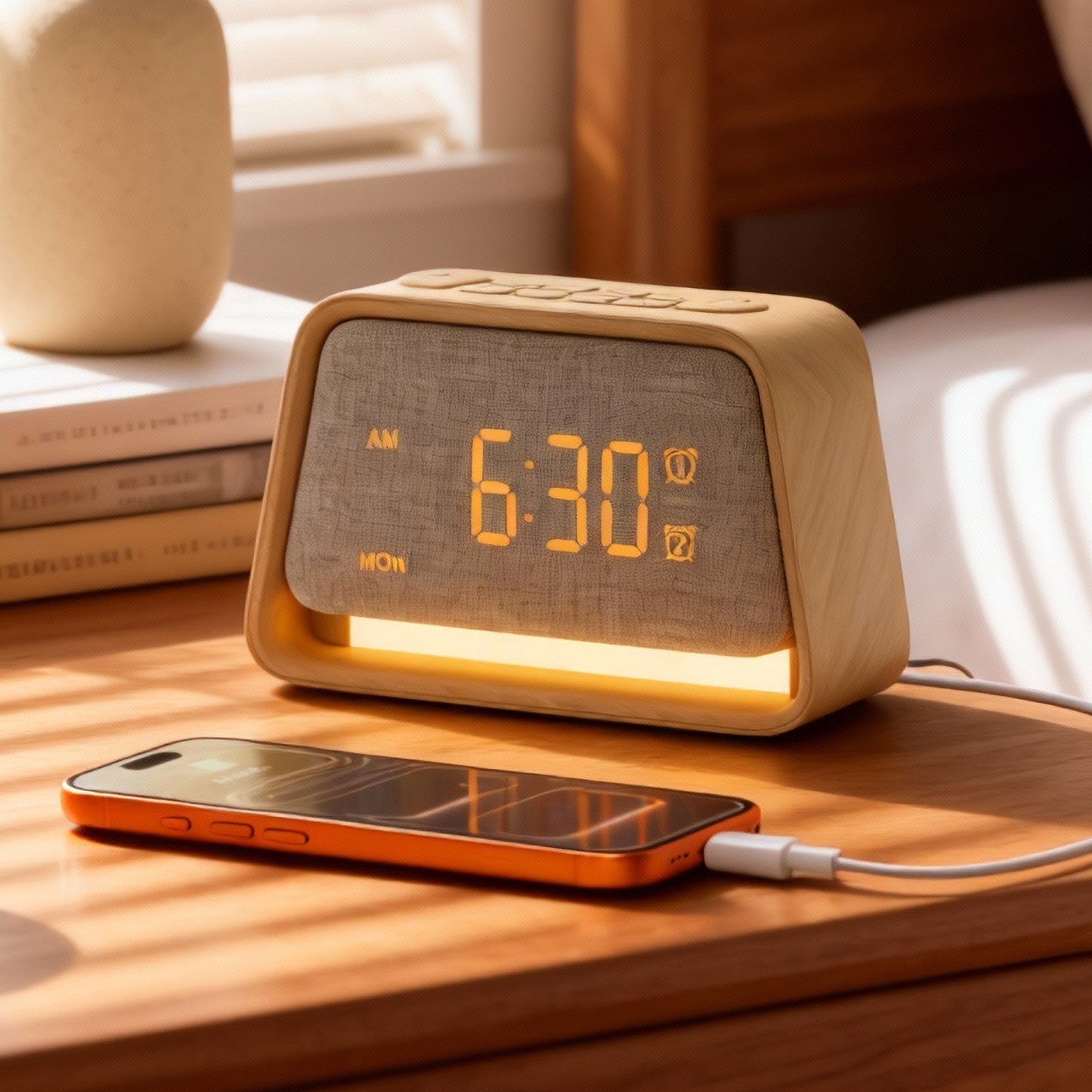 Vivilumens Wooden Sunrise Alarm Clock with White Noise, Dual Alarm, Dimmable Digital Clock for Bedroom