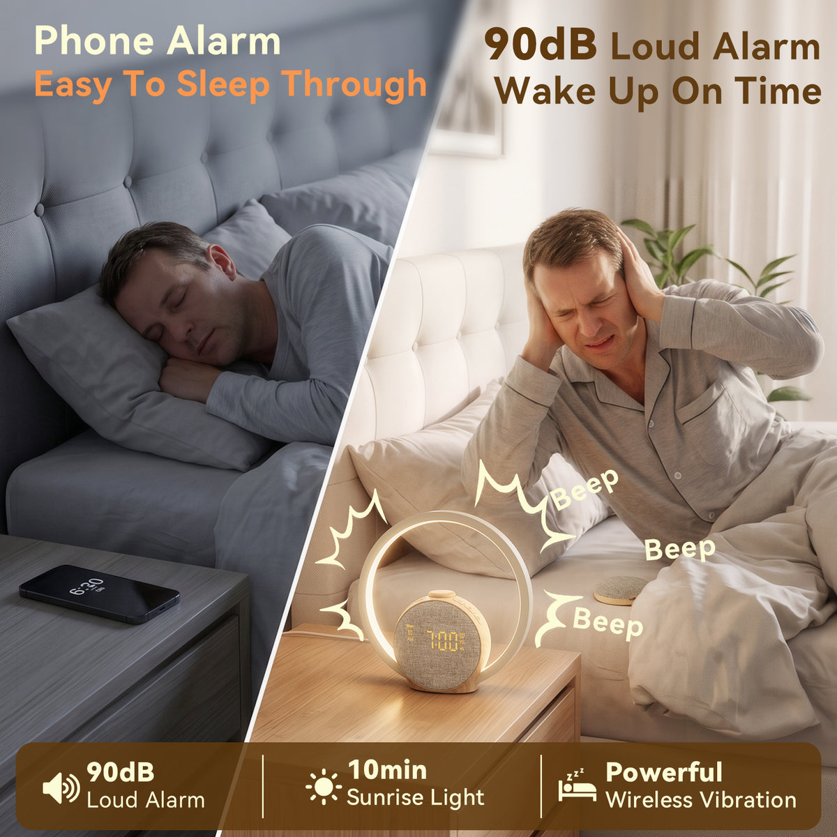 Vivilumens Loud Alarm Clock for Heavy Sleepers with Wireless Bed Shaker