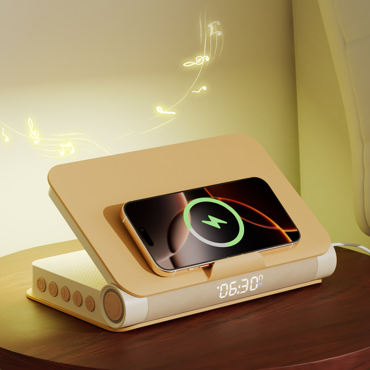Vivilumens Book Lamp Sunrise Alarm Clock – Wake-Up Light & Wireless Charging – Apricot Yellow