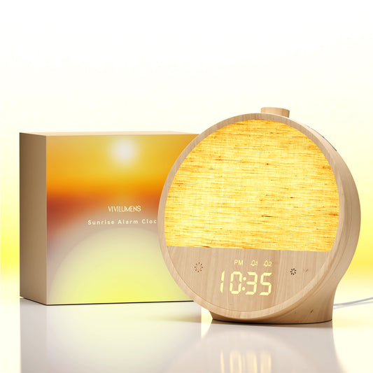Wood Grain Sunrise Alarm Clock – Gentle Wake-Up Light, Sound Machine & Dual Alarms, RGB Night Lamp