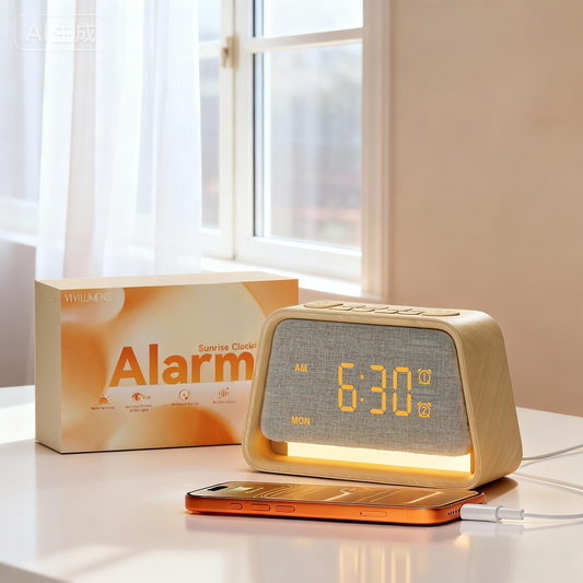 Vivilumens Wooden Sunrise Alarm Clock with White Noise, Dual Alarm, Dimmable Digital Clock for Bedroom