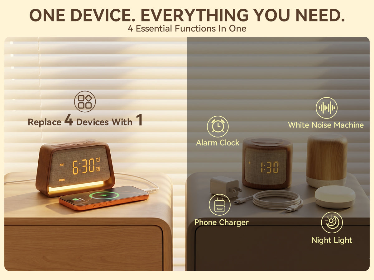 Vivilumens Alarm Clock with White Noise Machine Night Light for Bedroom - Dark Wood