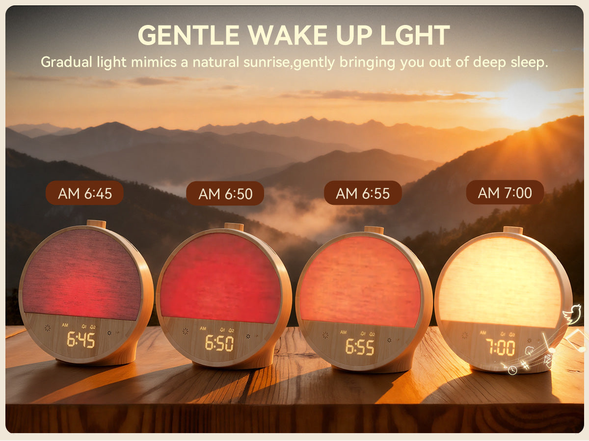 Wood Grain Sunrise Alarm Clock – Gentle Wake-Up Light, Sound Machine & Dual Alarms, RGB Night Lamp