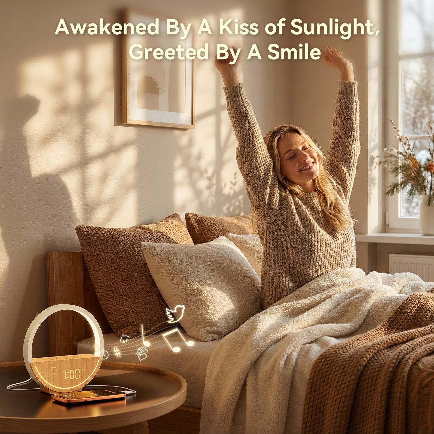 Vivilumens Sunrise Alarm Clock with Sound Machine & Night Light - Light Wood