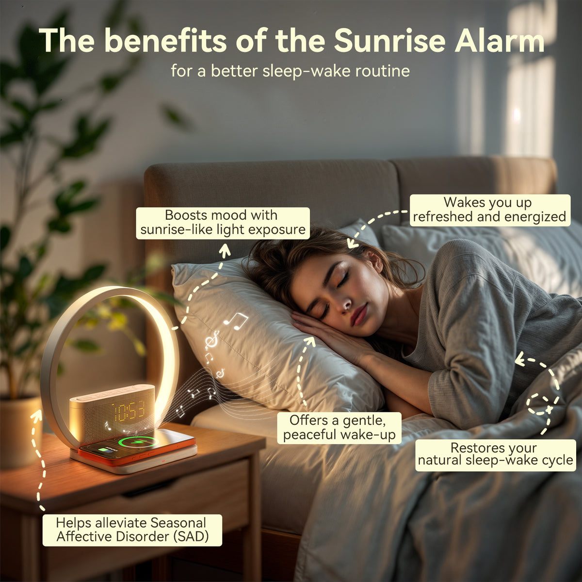 Vivilumens Sunrise Alarm Clock – Wake-Up Light, Wireless Charging & White Noise