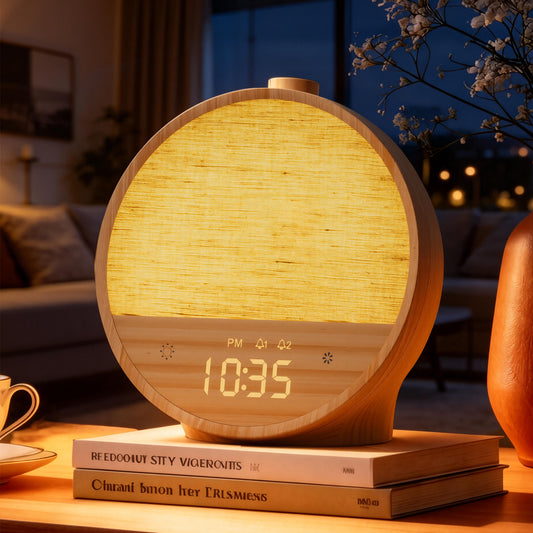 Vivilumens Moon Lamp Sunrise Alarm Clock – Wake-Up Light & White Noise – Wood Grain