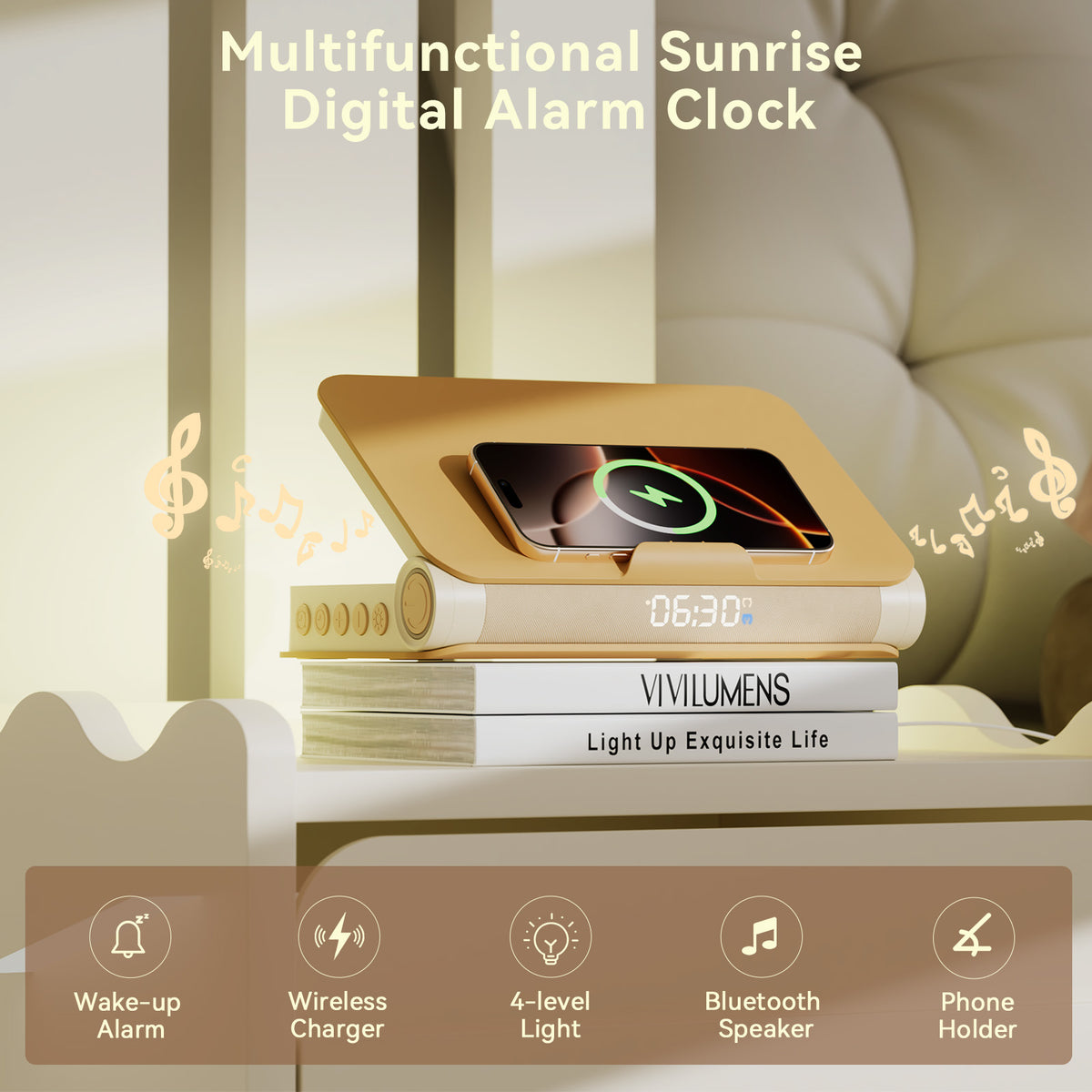 Vivilumens Book Lamp Sunrise Alarm Clock – Wake-Up Light & Wireless Charging – Apricot Yellow