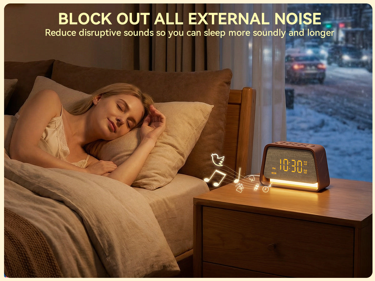 Vivilumens Alarm Clock with White Noise Machine Night Light for Bedroom - Dark Wood