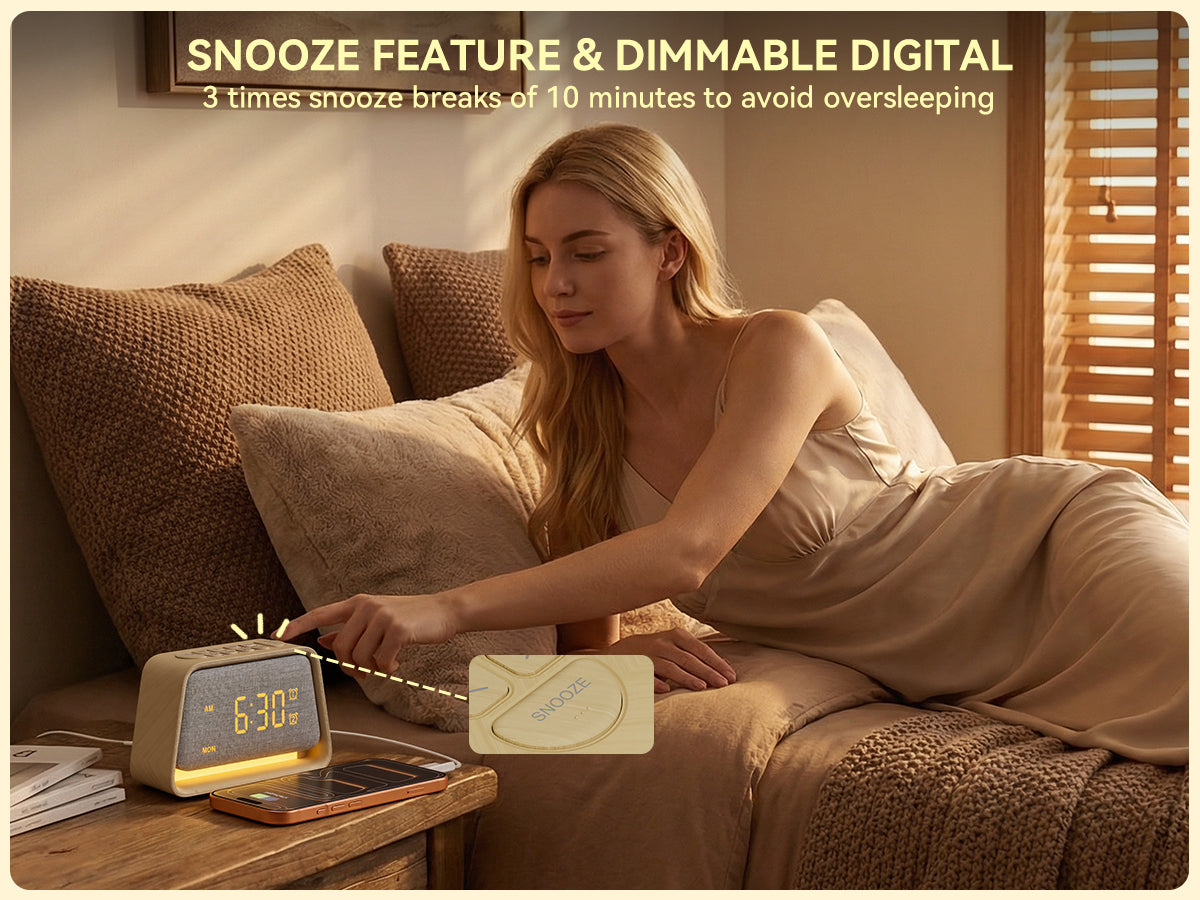 Vivilumens Wooden Sunrise Alarm Clock with White Noise, Dual Alarm, Dimmable Digital Clock for Bedroom