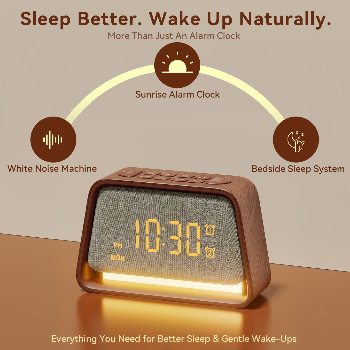 Vivilumens Alarm Clock with White Noise Machine Night Light for Bedroom - Dark Wood