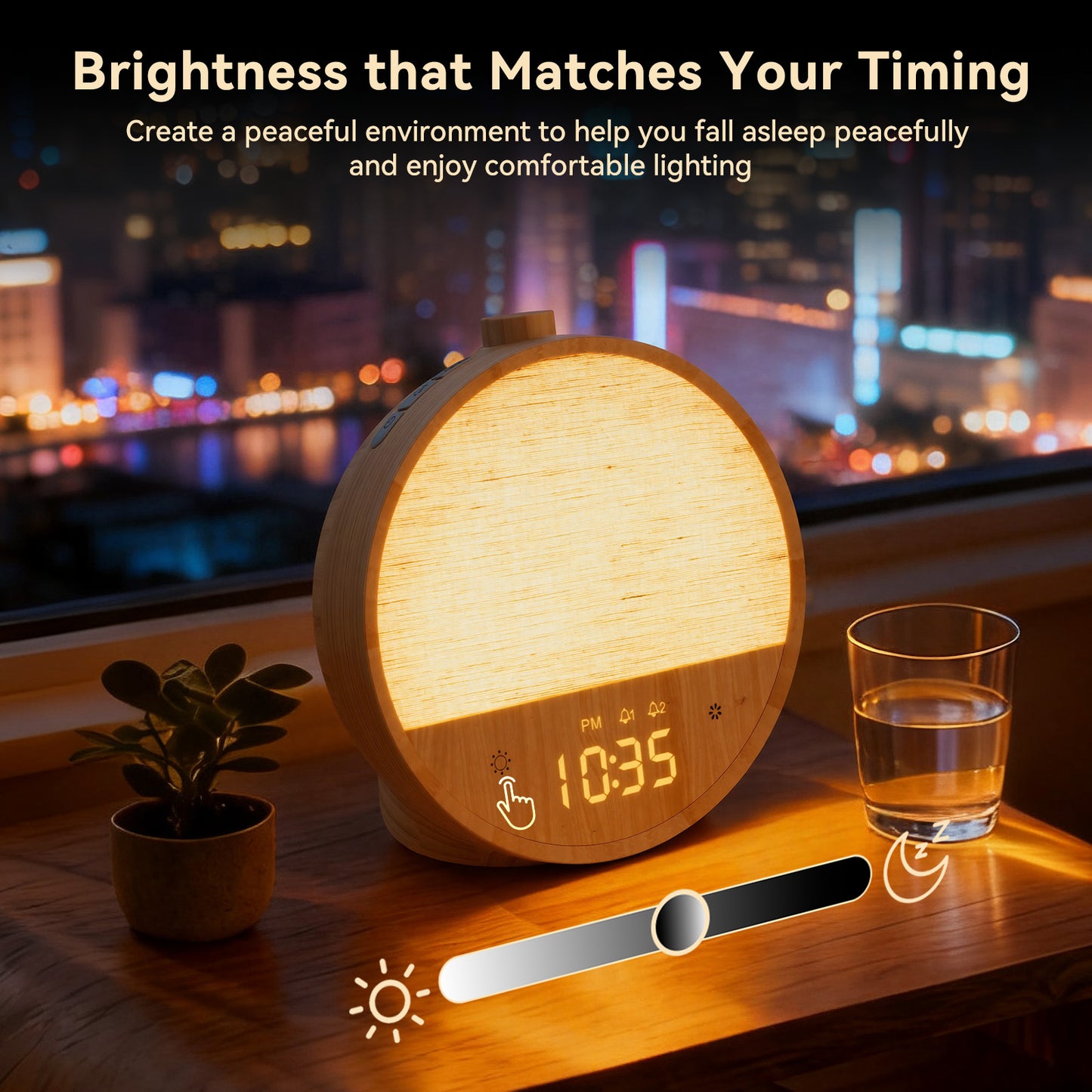 Wood Grain Sunrise Alarm Clock – Gentle Wake-Up Light, Sound Machine & Dual Alarms, RGB Night Lamp