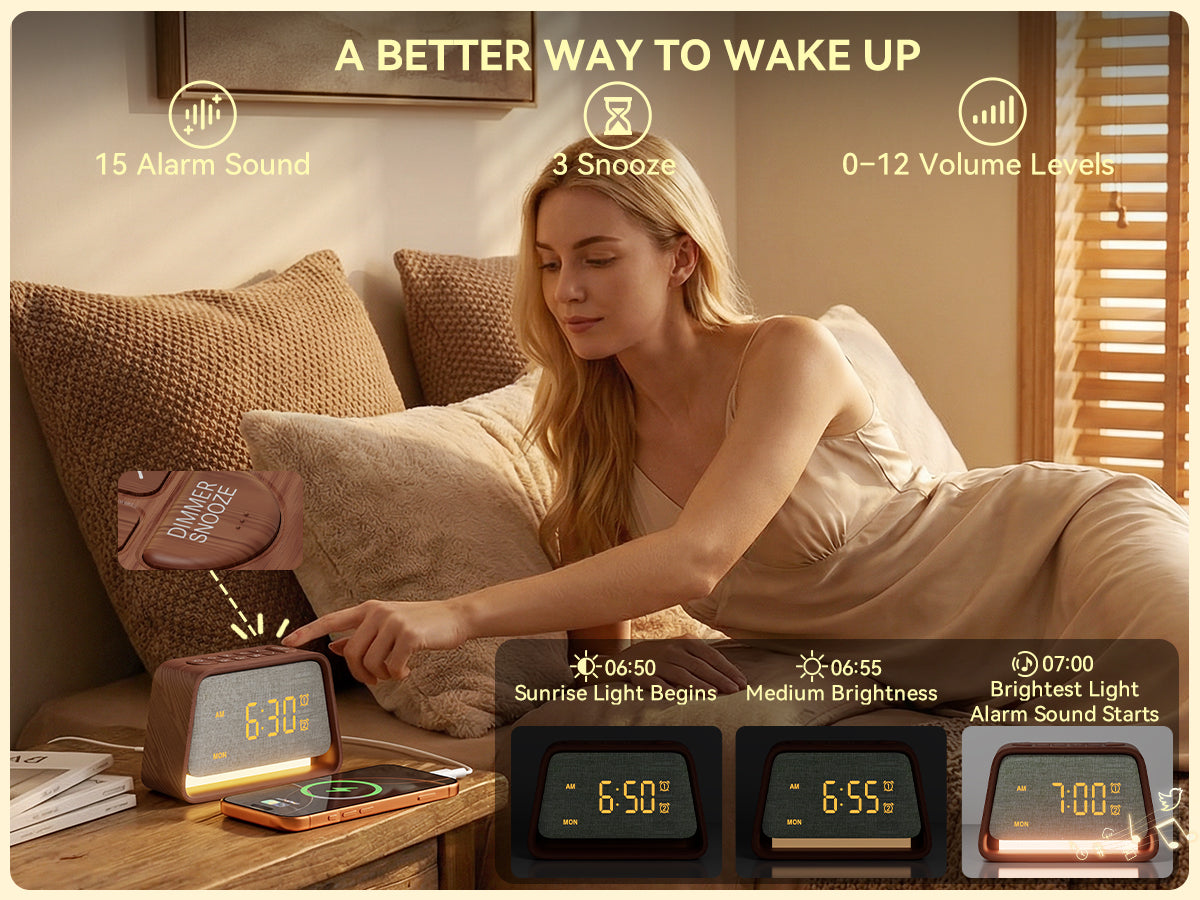 Vivilumens Alarm Clock with White Noise Machine Night Light for Bedroom - Dark Wood