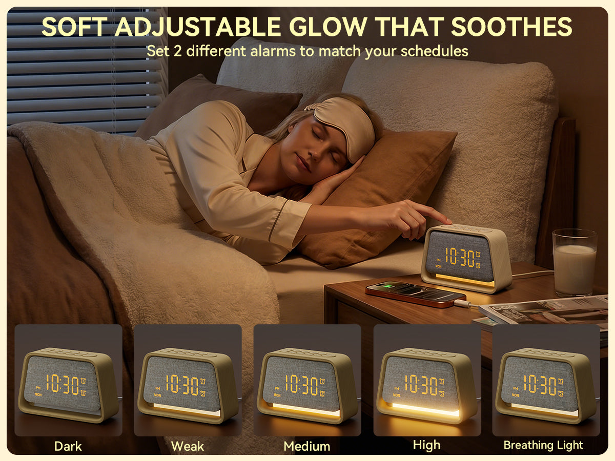 Vivilumens Wooden Sunrise Alarm Clock with White Noise, Dual Alarm, Dimmable Digital Clock for Bedroom