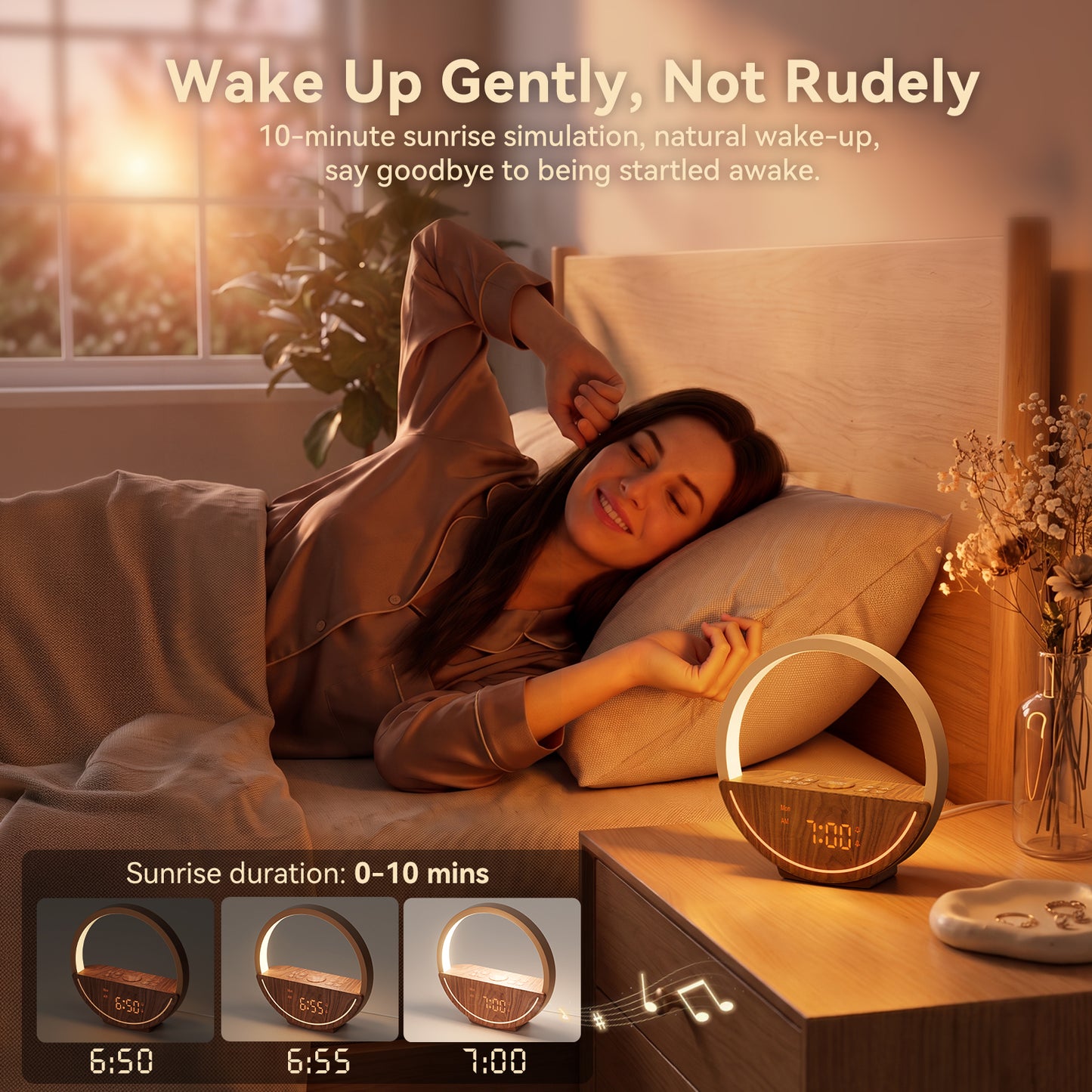 Vivilumens Sunrise Alarm Clock with Sound Machine & Night Light - Dark Wood