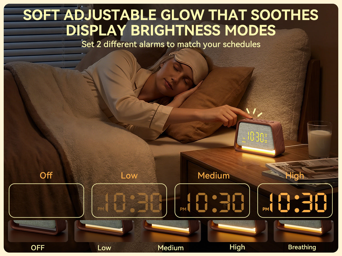 Vivilumens Alarm Clock with White Noise Machine Night Light for Bedroom - Dark Wood