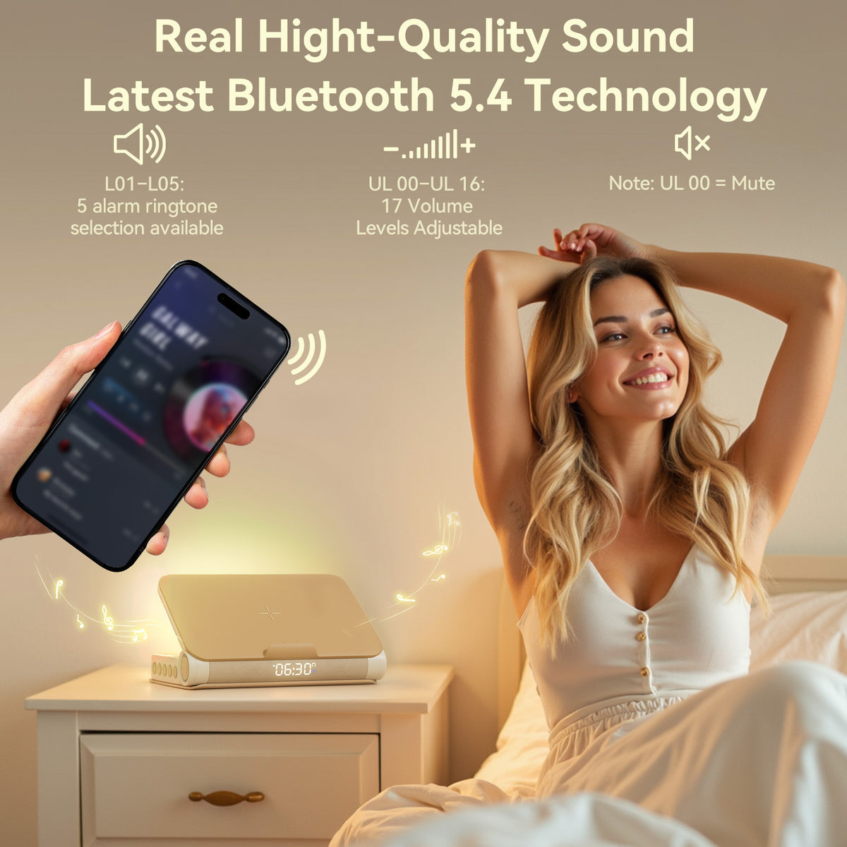 Vivilumens Book Lamp Sunrise Alarm Clock – Wake-Up Light & Wireless Charging – Apricot Yellow