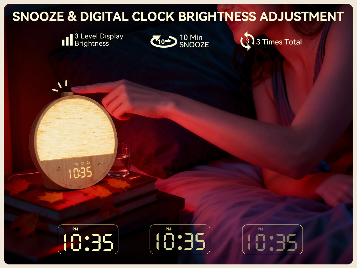 Wood Grain Sunrise Alarm Clock – Gentle Wake-Up Light, Sound Machine & Dual Alarms, RGB Night Lamp
