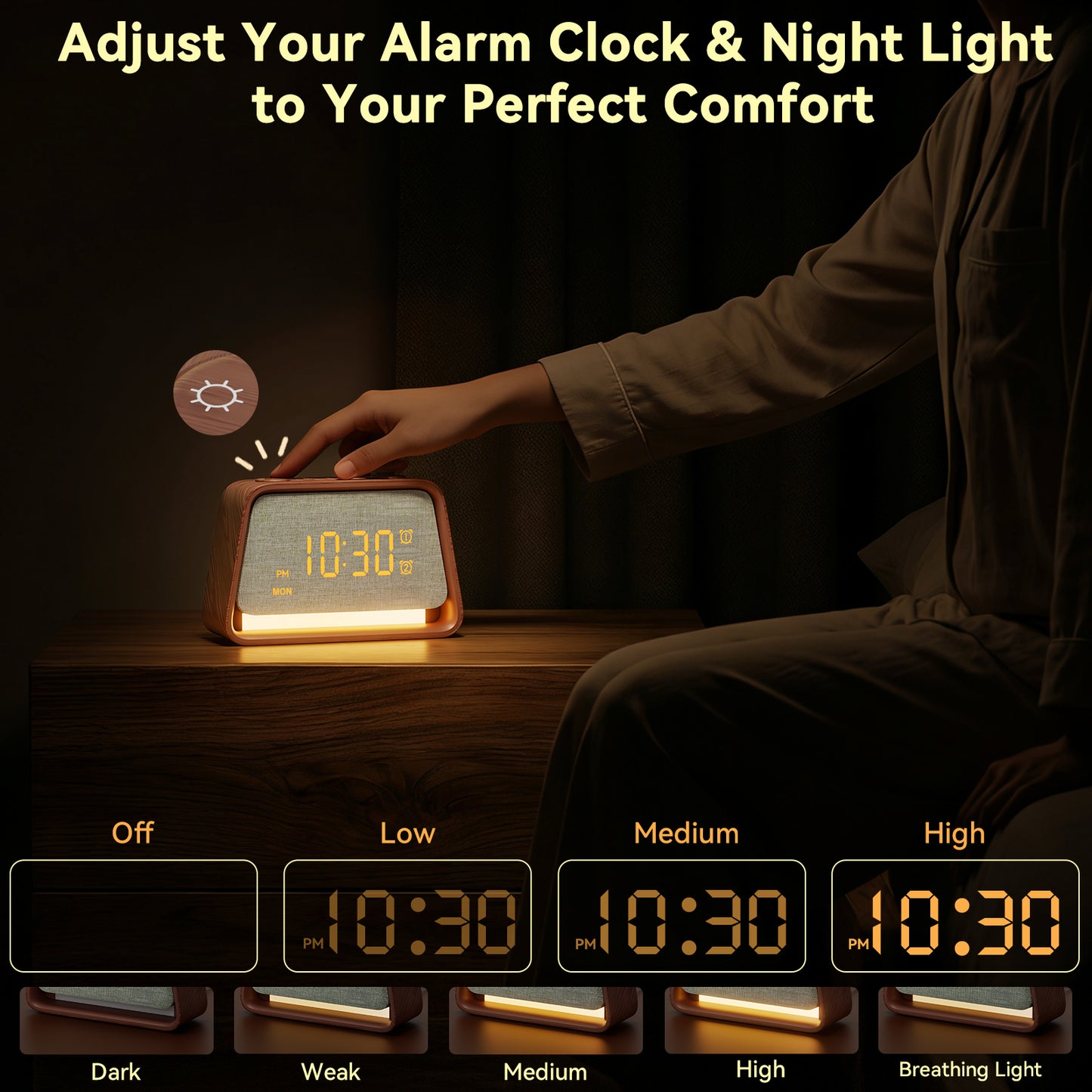 Vivilumens Alarm Clock with White Noise Machine Night Light for Bedroom - Dark Wood