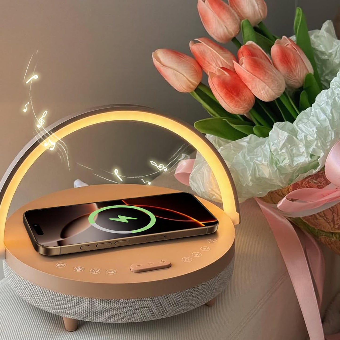 Vivilumens 6-in-1 Bedside Lamp – Wireless Charger, Speaker & Night Light (Pink)