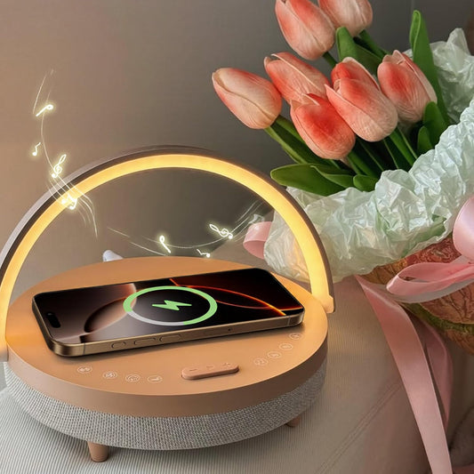 Vivilumens 6-in-1 Bedside Lamp – Wireless Charger, Speaker & Night Light (Pink)