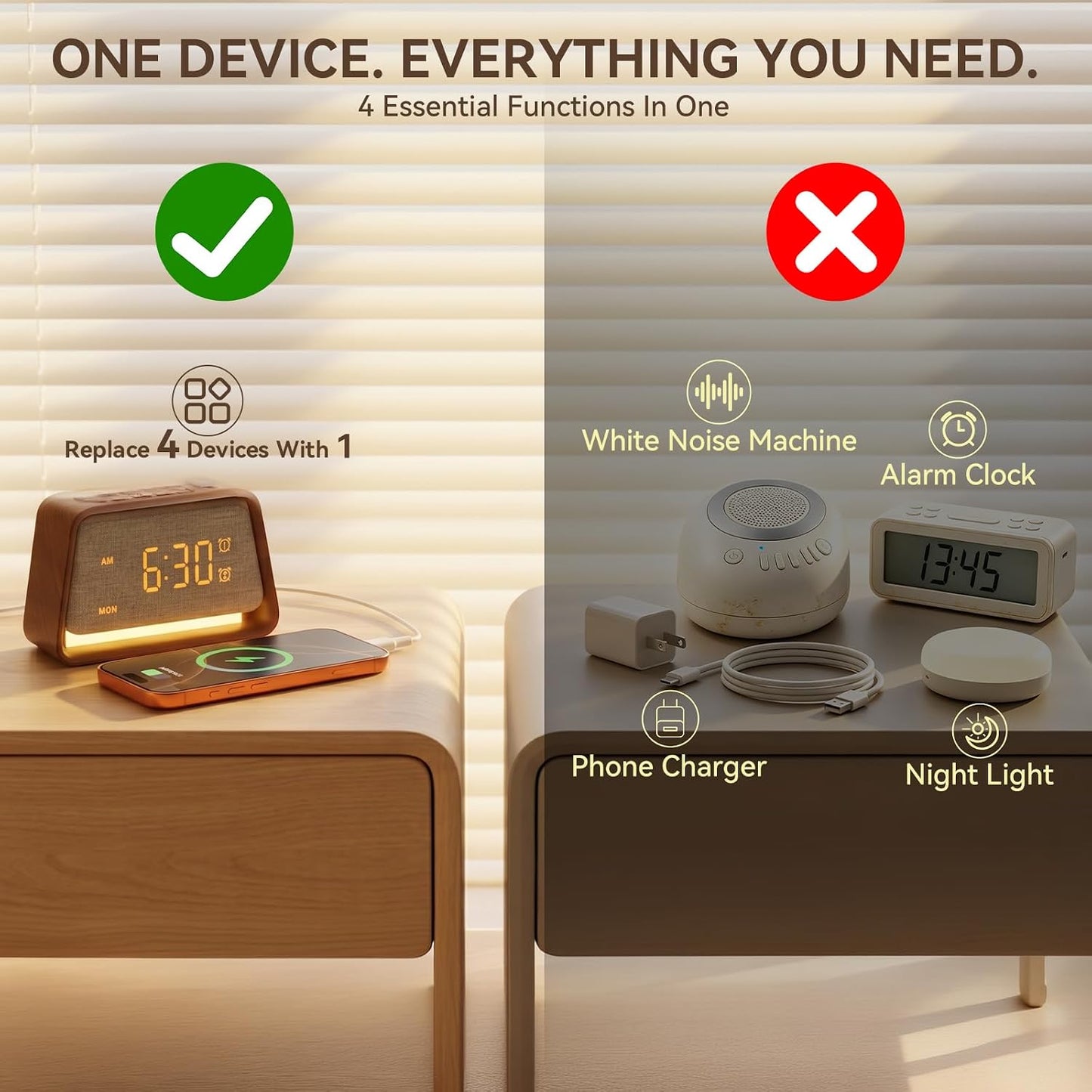 Vivilumens Alarm Clock with White Noise Machine Night Light for Bedroom - Dark Wood