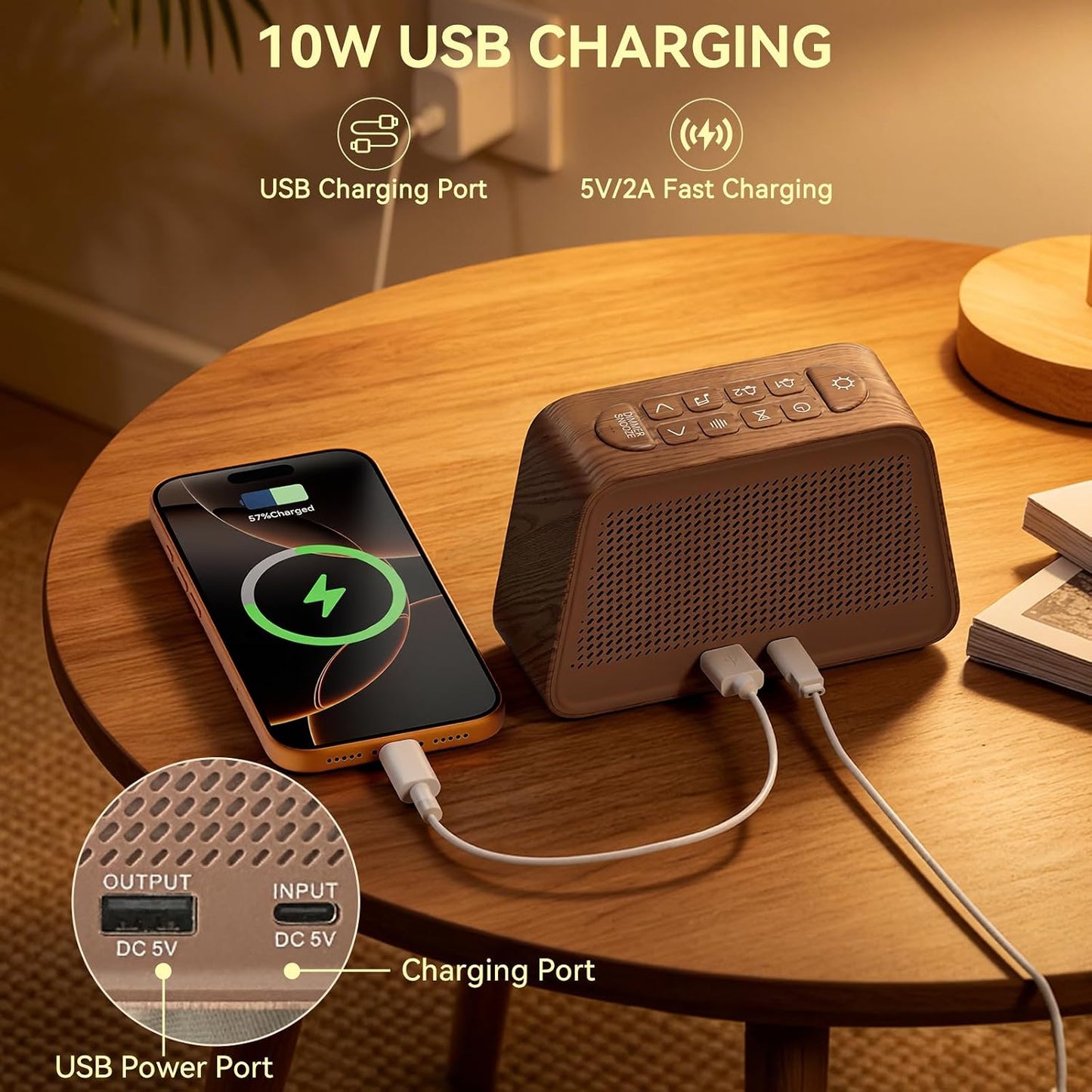 Vivilumens Alarm Clock with White Noise Machine Night Light for Bedroom - Dark Wood