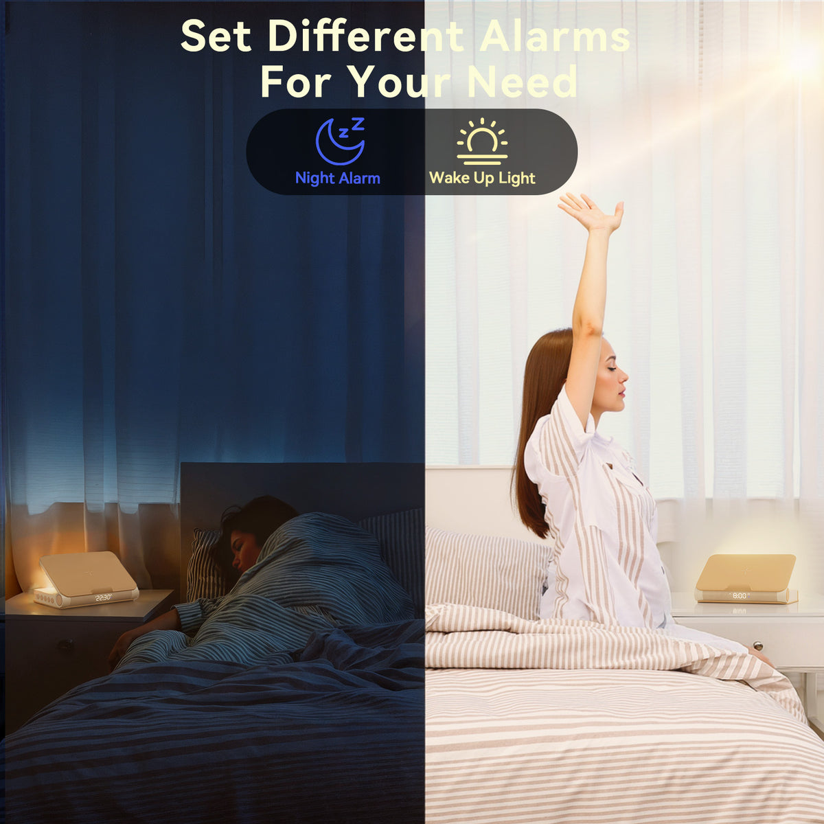 Vivilumens Book Lamp Sunrise Alarm Clock – Wake-Up Light & Wireless Charging – Apricot Yellow