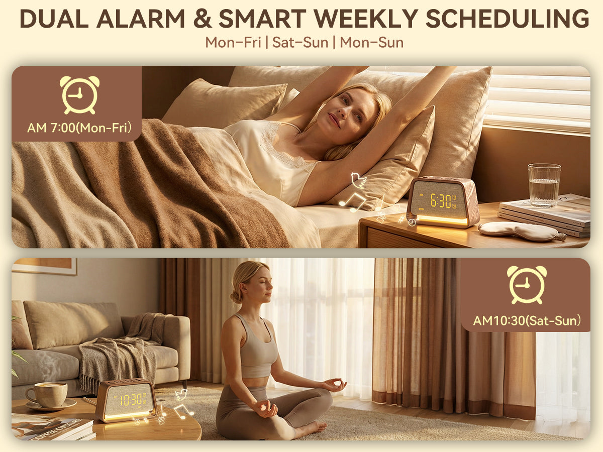 Vivilumens Alarm Clock with White Noise Machine Night Light for Bedroom - Dark Wood