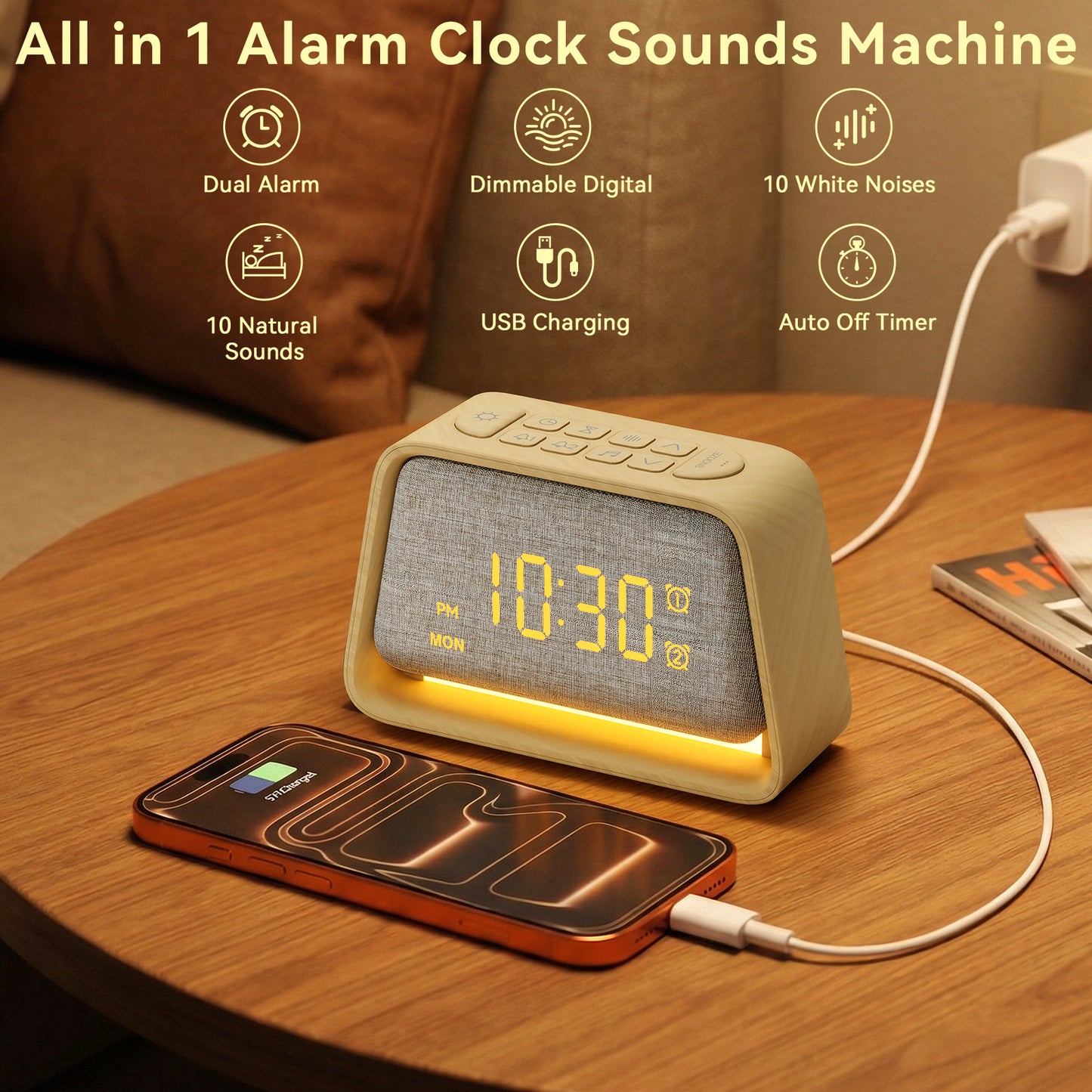 Vivilumens Wooden Sunrise Alarm Clock with White Noise, Dual Alarm, Dimmable Digital Clock for Bedroom