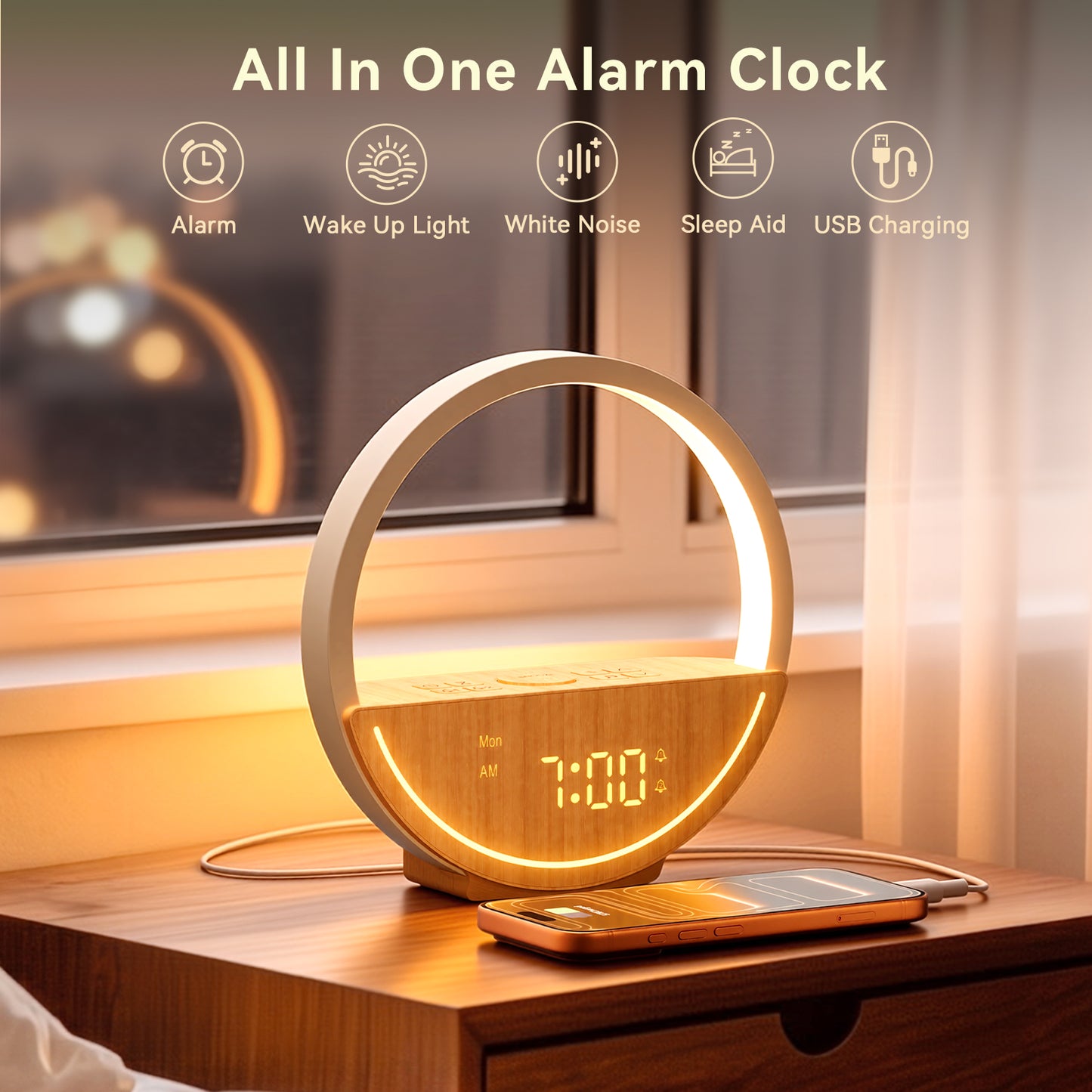 Vivilumens Sunrise Alarm Clock with Sound Machine & Night Light - Light Wood