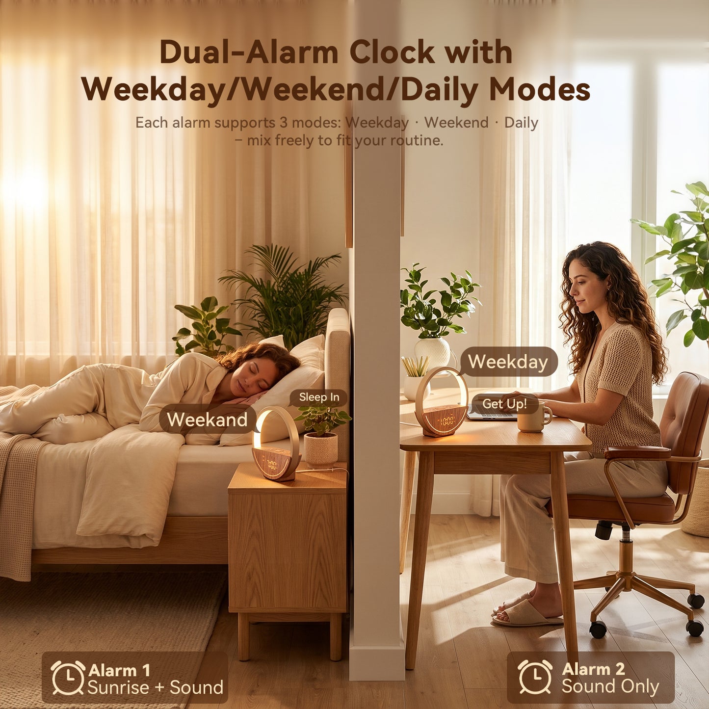 Vivilumens Sunrise Alarm Clock with Sound Machine & Night Light - Dark Wood