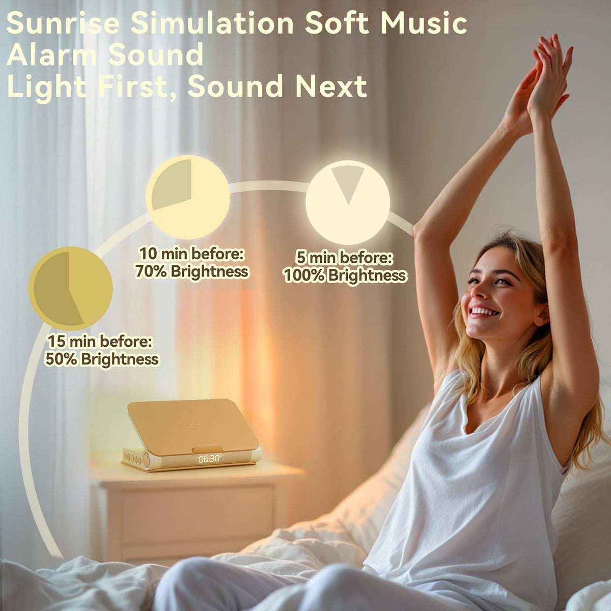 Vivilumens Book Lamp Sunrise Alarm Clock – Wake-Up Light & Wireless Charging – Apricot Yellow