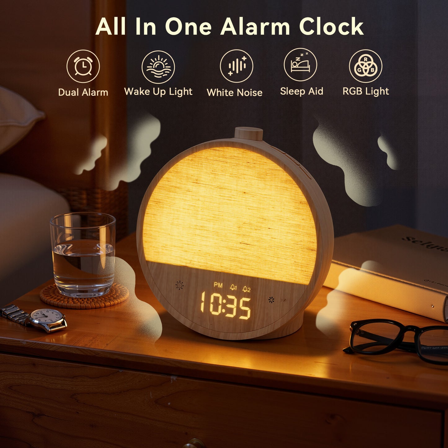 Wood Grain Sunrise Alarm Clock – Gentle Wake-Up Light, Sound Machine & Dual Alarms, RGB Night Lamp