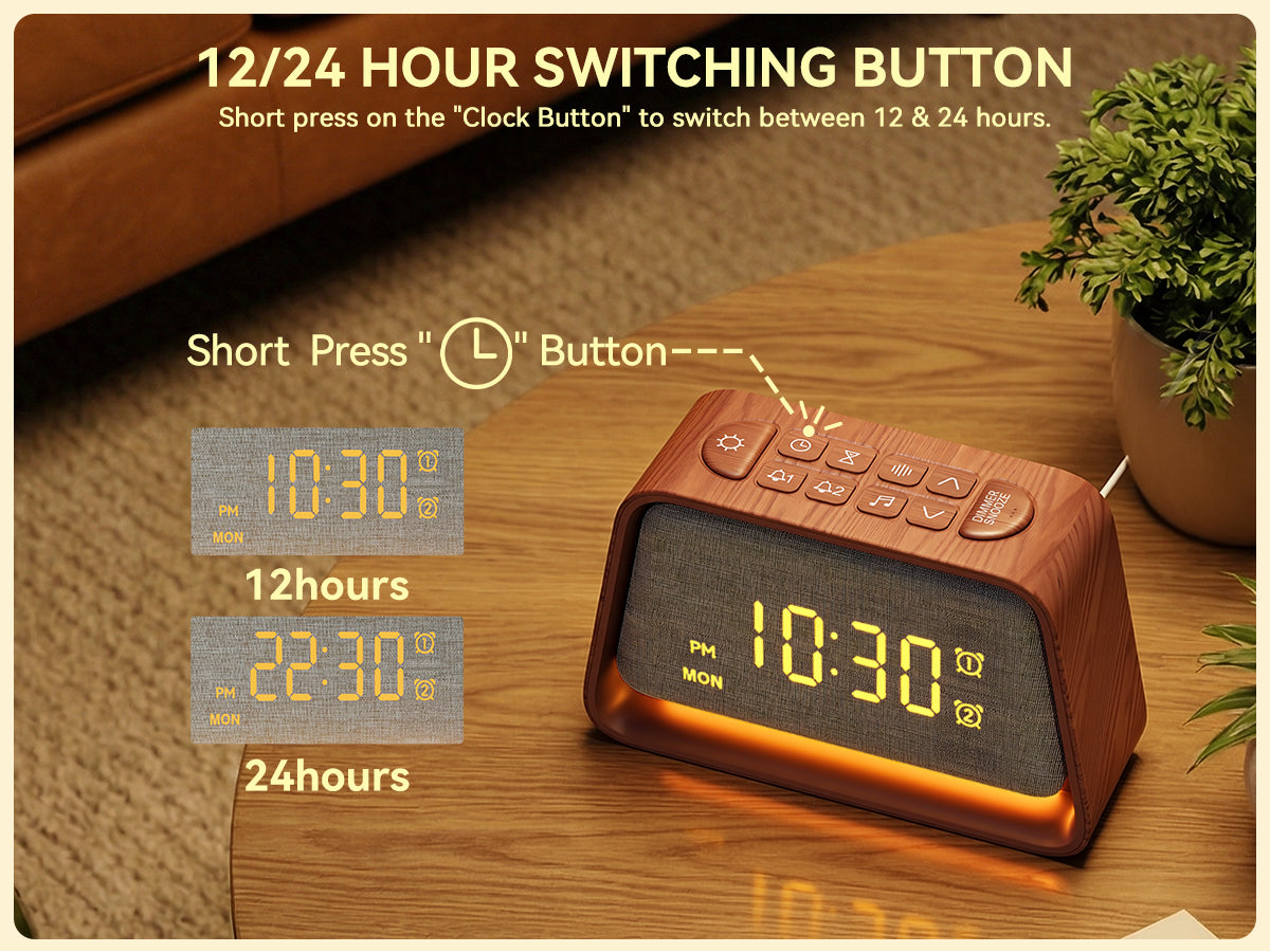 Vivilumens Alarm Clock with White Noise Machine Night Light for Bedroom - Dark Wood