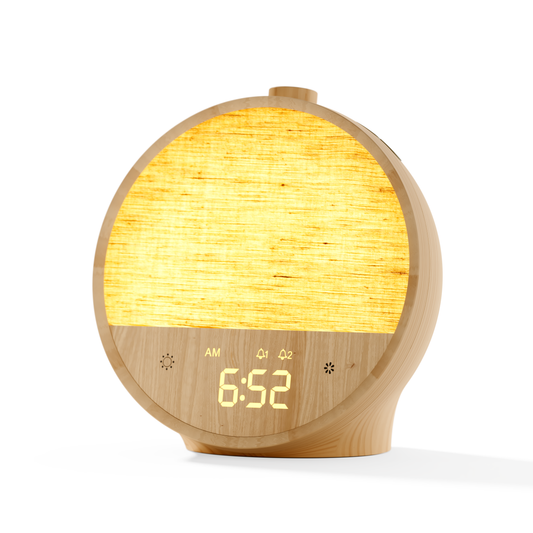 Vivilumens Moon Lamp Sunrise Alarm Clock – Wake-Up Light & White Noise – Wood Grain